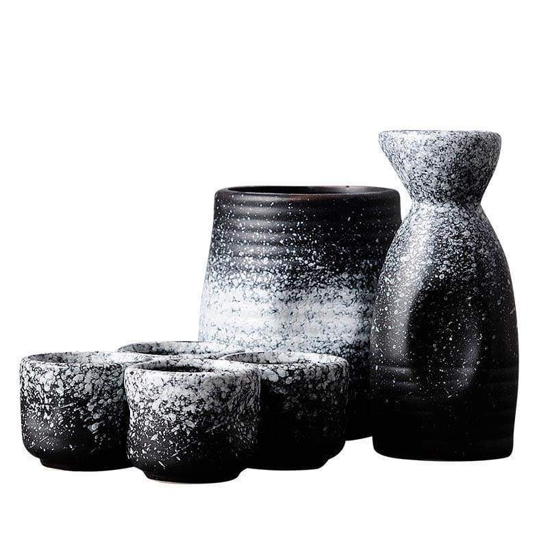 Sake Set Keramik schwarz Glasur pink Pfingstrosen und Vögel