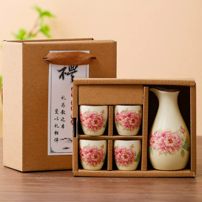 Sake-Set Kotobuki mit Geschenkbox – Pfingstrosen