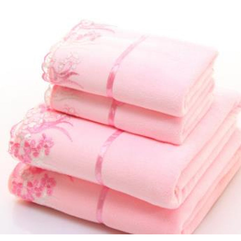 2 Teiliger Besticktes Handtuch Set Bandai (5 Farben) – Rosa / 34x75cm 70x140cm