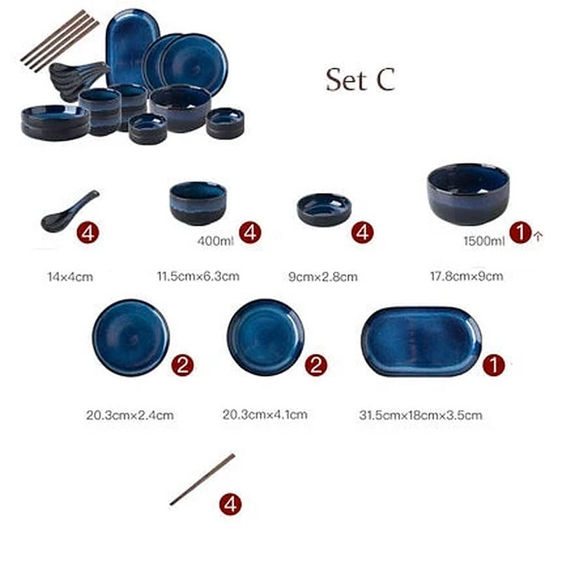 Geschirrset Utsugi aus blauer Keramik – Set C für 4 Personen (22 Teile)