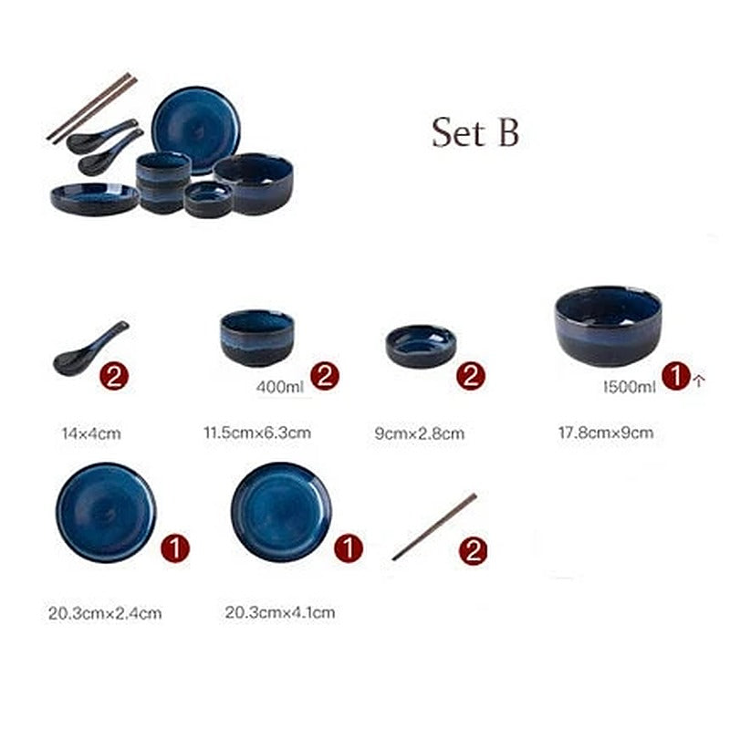 Geschirrset Utsugi aus blauer Keramik – Set B für 2 Personen (11 Teile)