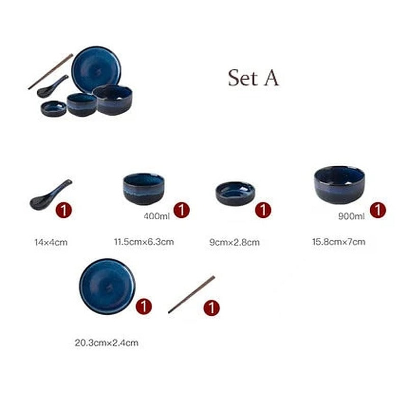 Geschirrset Utsugi aus blauer Keramik – Set A für 1 Person (6 Teile)