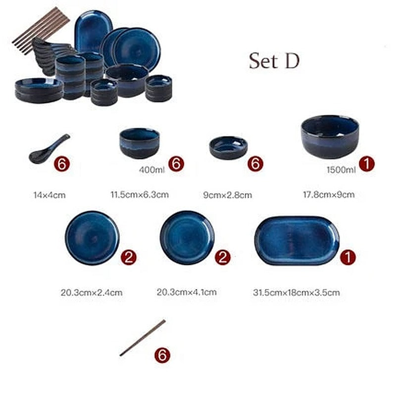 Geschirrset Utsugi aus blauer Keramik – Set D für 6 Personen (30 Teile)