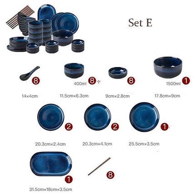 Geschirrset Utsugi aus blauer Keramik – Set E für 8 Personen (39 Teile)
