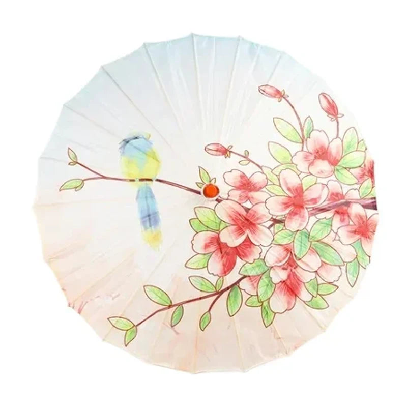 Asiatischer Sonnenschirm Nagare (5 Designs) – Creme mit rosa Blüten und Vogel