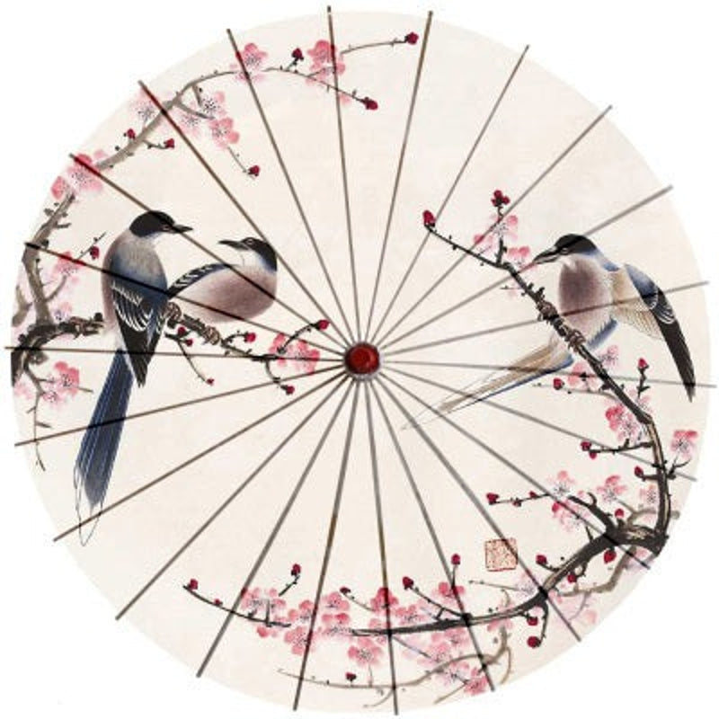 Chinesischer Sonnenschirm Yating (5 Designs) – Weiß mit Vögeln und Blüten