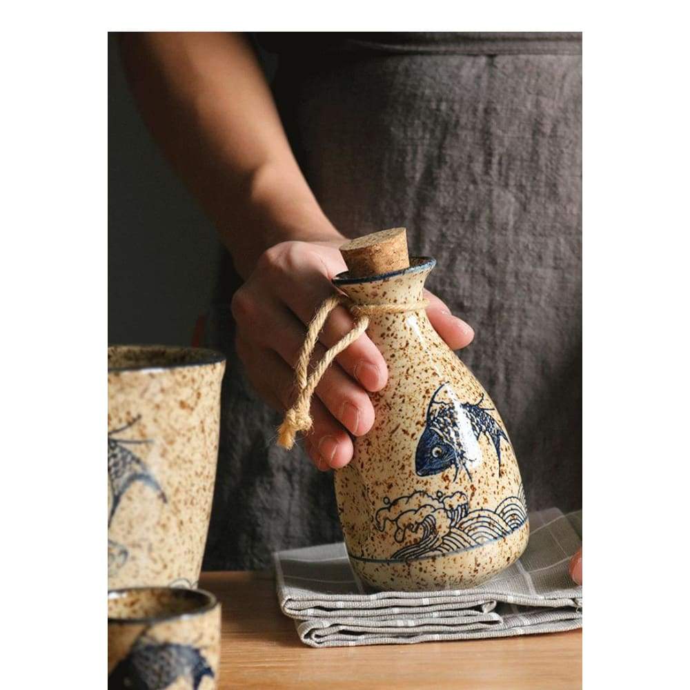Traditionelles Japanisches Sake-Set – 1 Tokkuri-Flasche (245 Ml) & 2 Ochoko-Becher (70 Ml), Keramik, Frühlingsblüten-Design